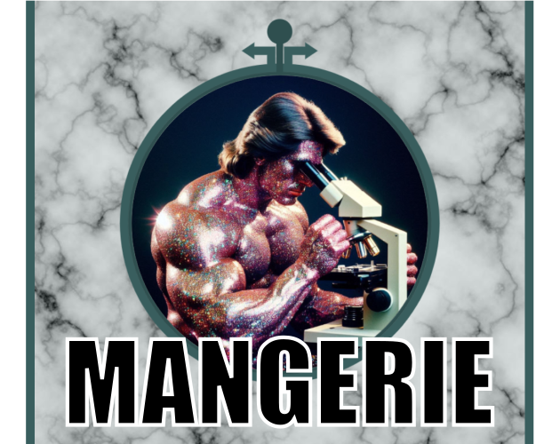 Mangerie: bodybuilder looking into microscope